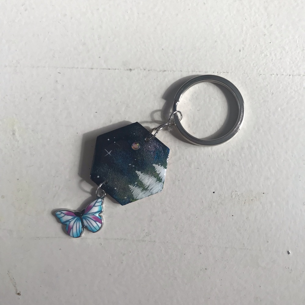 Hand-Painted Blue Night Sky Keychain with Butterfly Charm